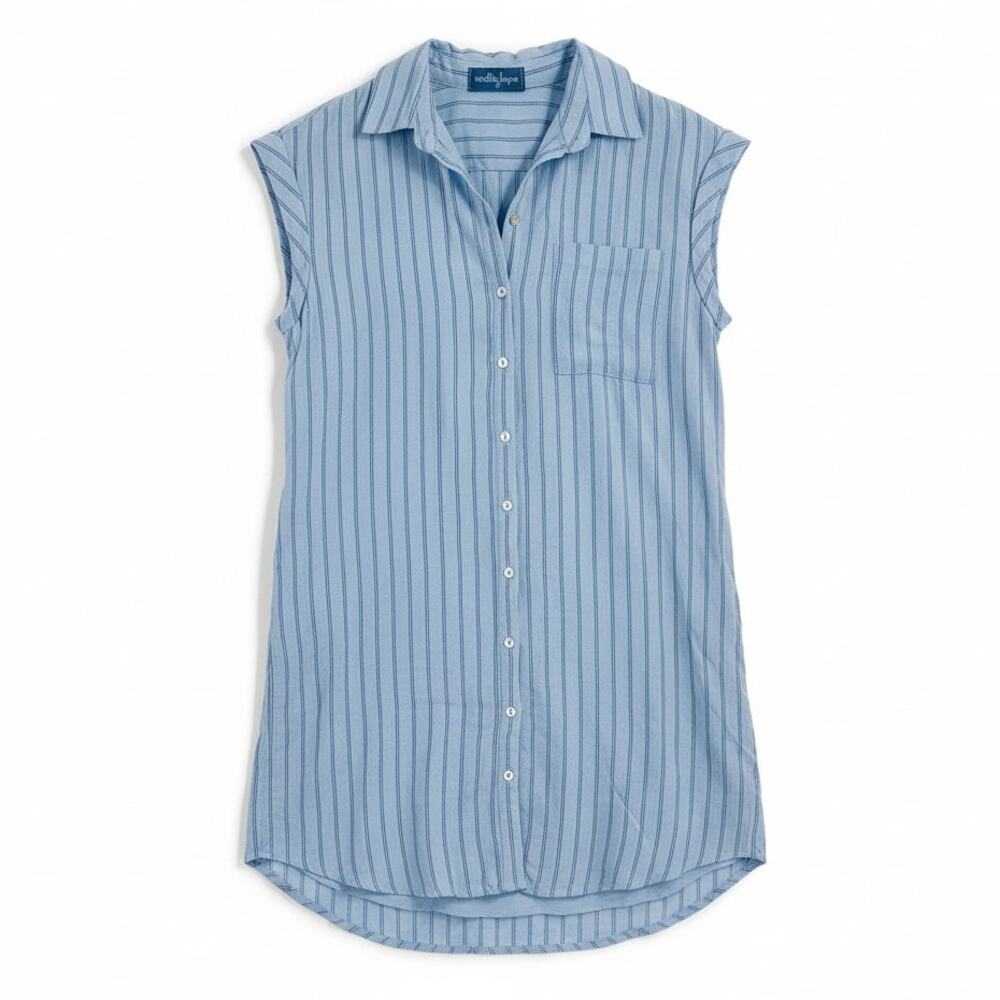 Willy‎ Jay's Blue Striped Button Down Sleeveless Shirt Dress Cotton Blend Size S